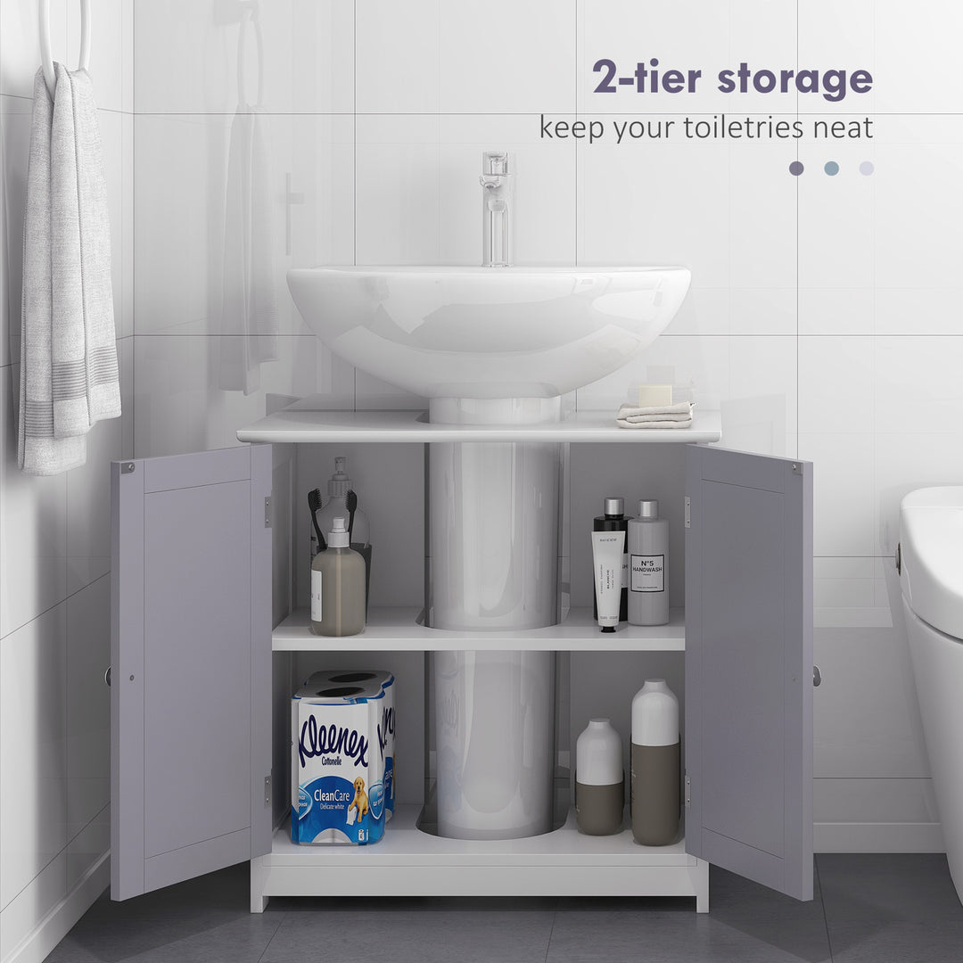 MCL 60x60cm Under-Sink Storage Cabinet w/ Adjustable Shelf Handles Drain Hole Bathroom Cabinet Space Saver Organizer White and Grey