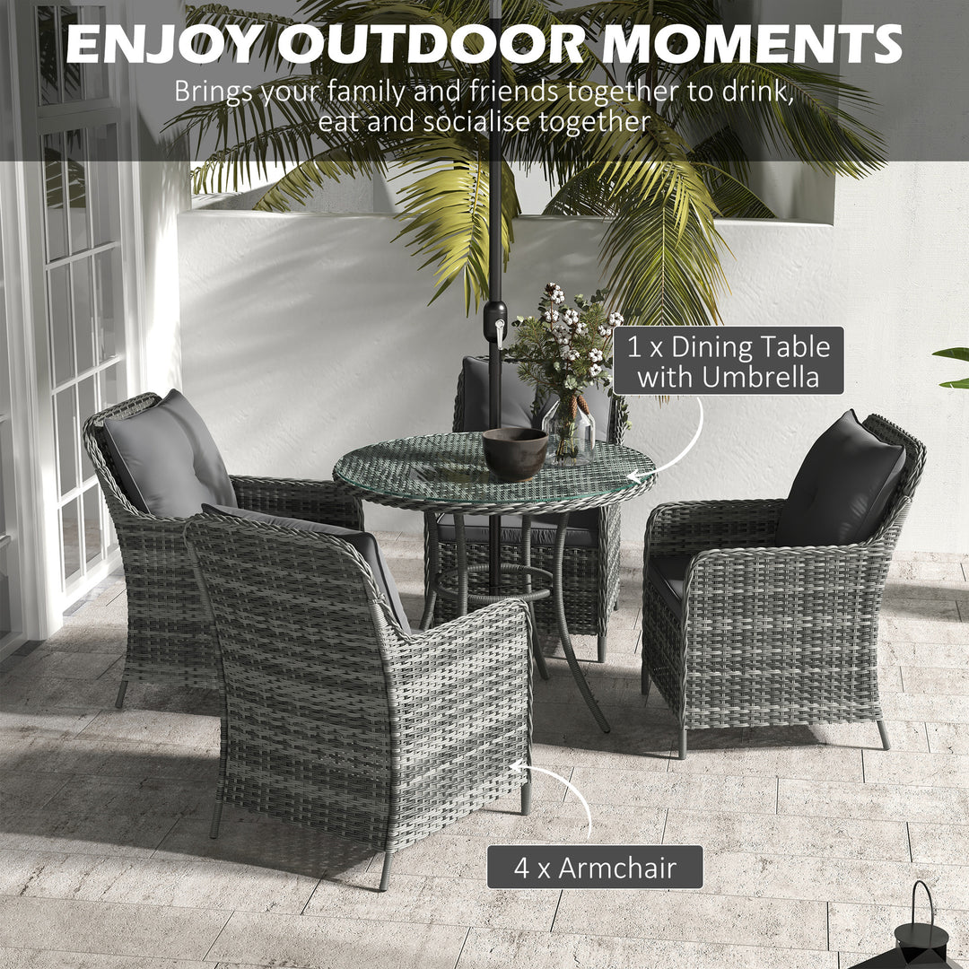 4 Seater Rattan Dining Set with Parasol & Cushions - Mixed Grey