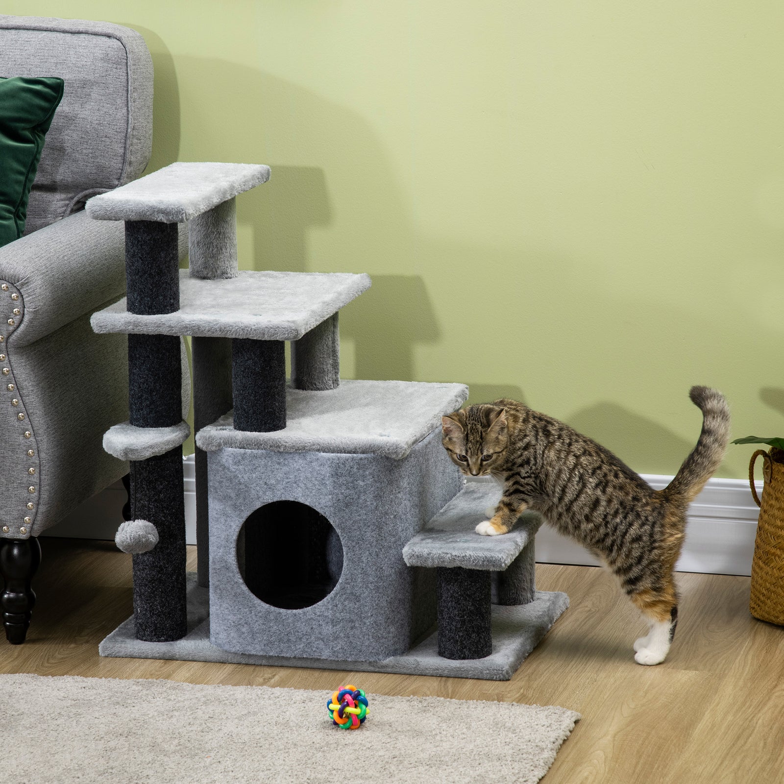 Adjustable Cat Steps, with House & Hanging Toy Ball - Grey