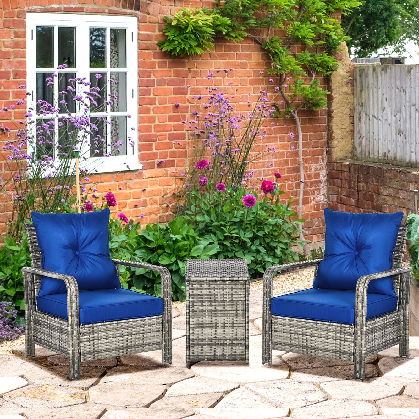 3 Pieces Rattan Bistro Set, Wicker Garden Furniture Set with Storage Coffee Table and Chairs, Thickened Cushions for Outdoor, Patio, Balcony, Blue