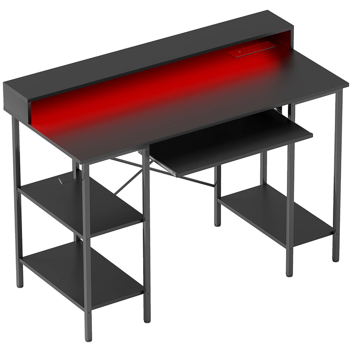 Computer Desk with LED Lights and Power Outlets, 120 x 55 cm Gaming Desk with Monitor Stand, Sliding Keyboard Tray and Storage Shelves for Home Office, Black