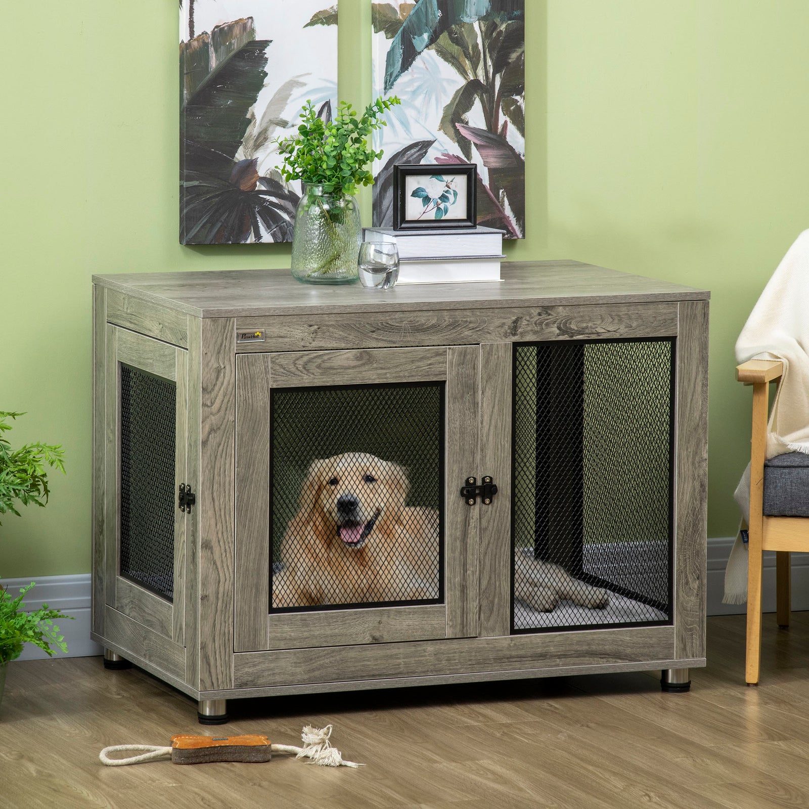 2-in-1 Dog Cage & Side Table, with Two Doors, Cushion, for Large Dogs