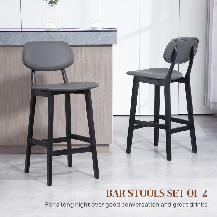 HOMCOM Bar Stools Set of 2, Modern Breakfast Bar Chairs, Faux Leather Upholstered Counter Bar Stools with Backs and Wood Legs, Dark Grey | Aosom UK