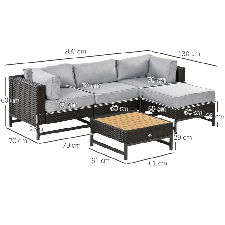 5 Piece Outdoor PE Rattan Corner Sofa Set with Cushions, Wicker Rattan Garden Furniture with Wood-Effect Top Table, Brown