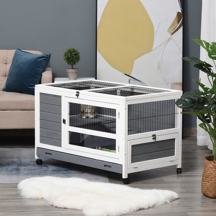 Wooden Guinea Pigs Hutches Elevated Pet Bunny House Rabbit Cage with Slide-Out Tray Indoor Grey
