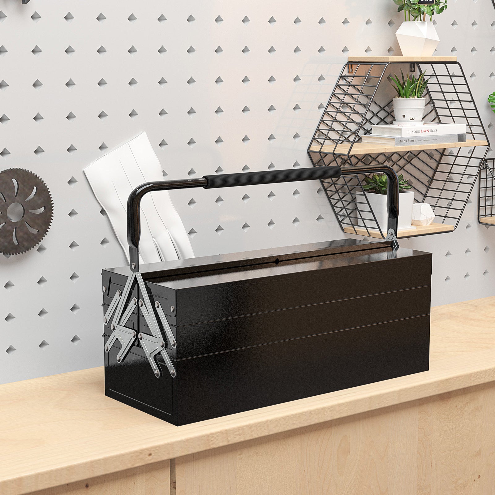 3 Tier Metal Toolbox, 5 Tray Professional Portable Tool Box with Carry Handle for Workshop, 56cmx20cmx34cm, Black