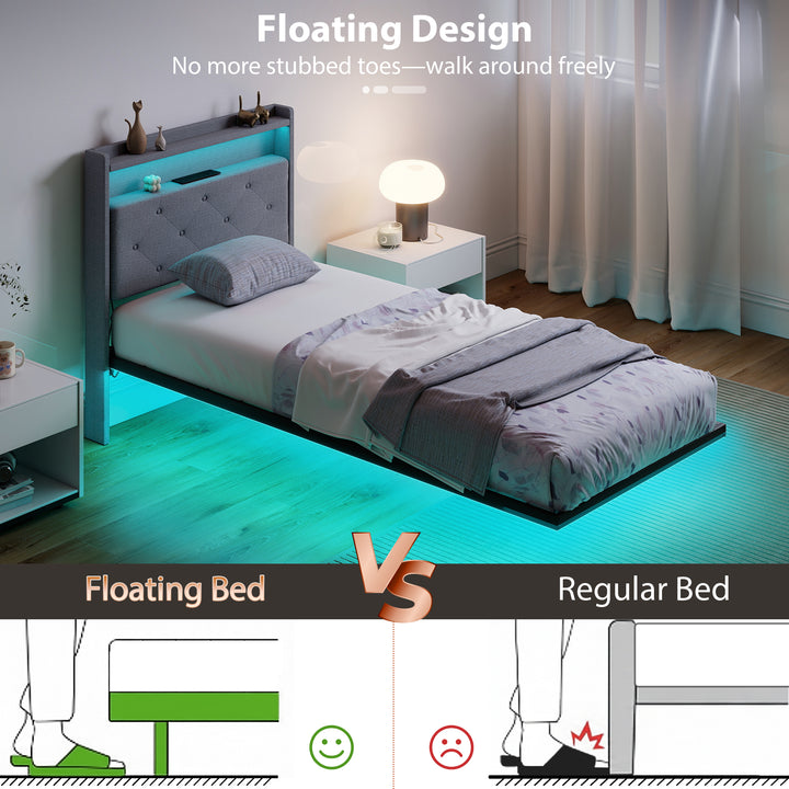 Floating Bed Frame, Upholstered 3ft Single Size Bed, Platform Bed with