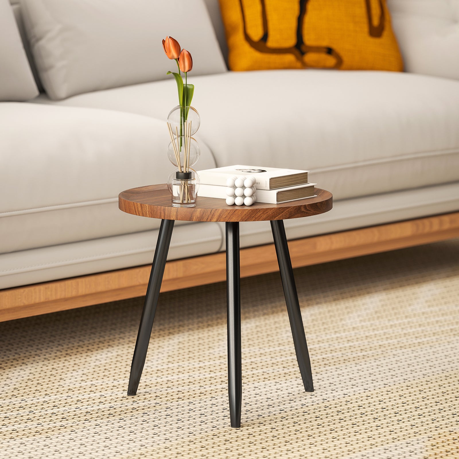 Modern Round Coffee Table with Steel Frame for Small Space, Sofa Beside, Living Room, Bedroom, Chestnut Wood Effect