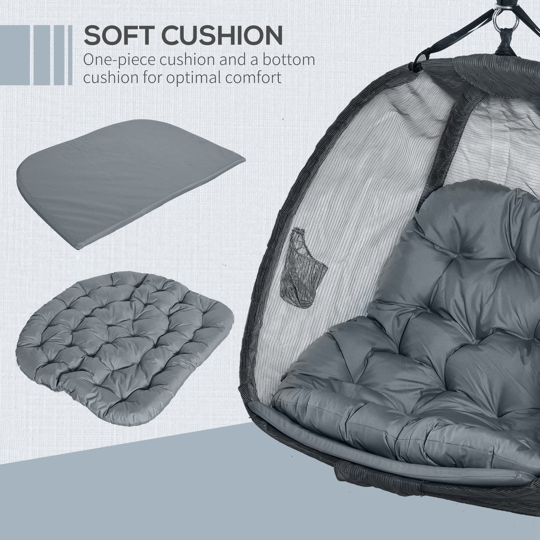 Double Hanging Egg Chair 2 Seaters Texteline Swing Hammock Chair with Stand, Cushion and Folding Design, for Indoor and Outdoor, Grey