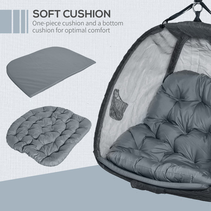 Double Hanging Egg Chair 2 Seaters Texteline Swing Hammock Chair with Stand, Cushion and Folding Design, for Indoor and Outdoor, Grey