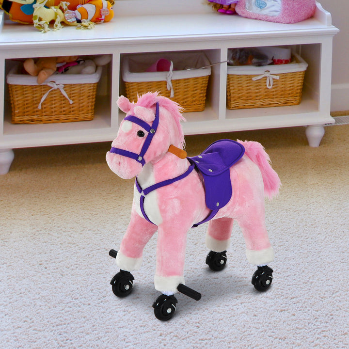 HOMCOM Rocking Steed: Plush Pink Toy with Rolling Wheels & Sound Effects for Toddlers, Blush Pink | Aosom UK