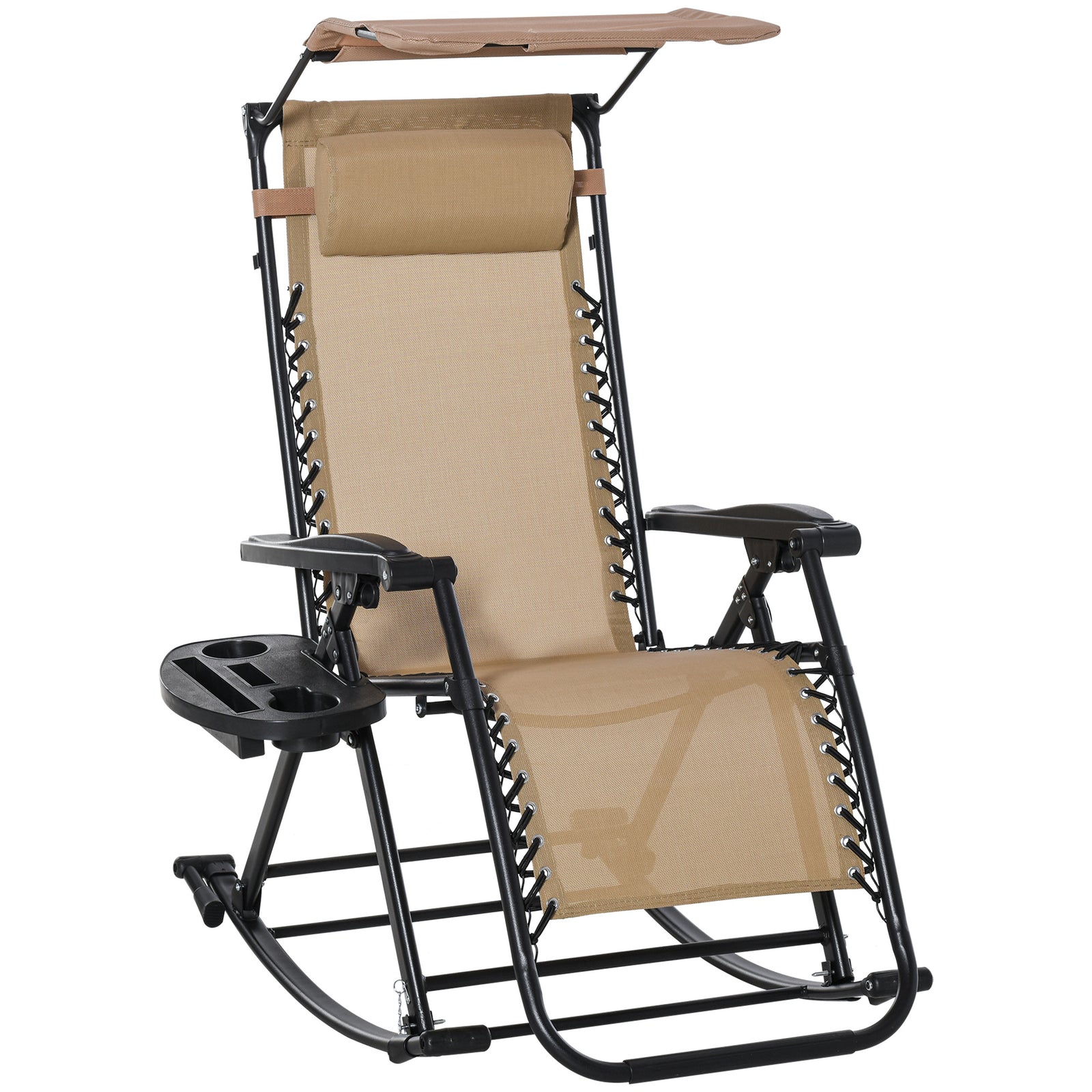 Garden Rocking Chair Folding Recliner Outdoor Adjustable Sun Lounger Rocker Zero-Gravity Seat with Headrest Side Holder Patio Deck - Beige