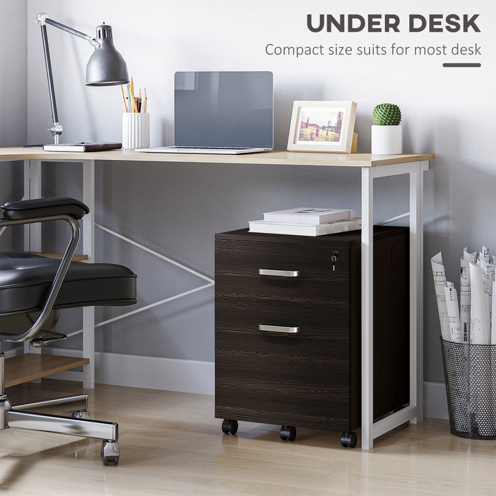 2-Drawer Locking Office Filing Cabinet w/ 5 Wheels Rolling Storage Hanging A4 Cupboard Home Organisation Black Wood Grain