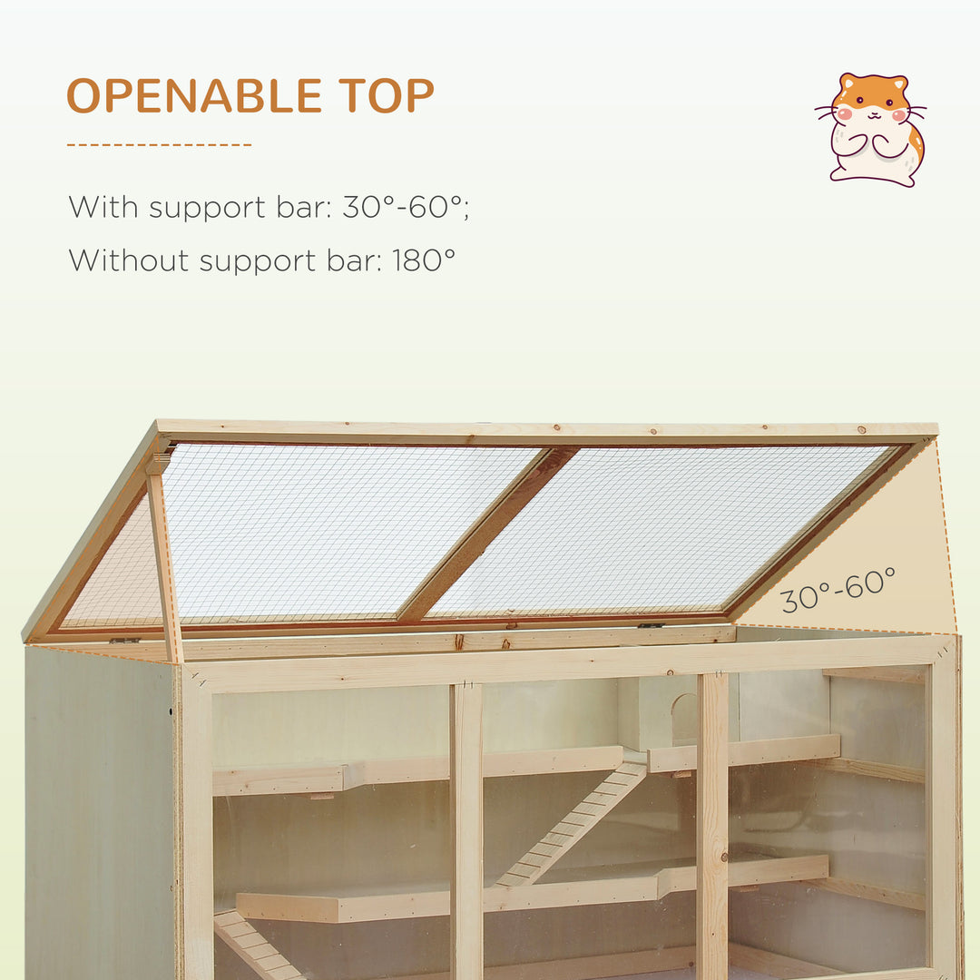 Wooden Hamster Cage, Small Animals Hutch with Tray, Openable Top, Exercise Play House Pen, 115L x 57W x 55Hcm, Natural