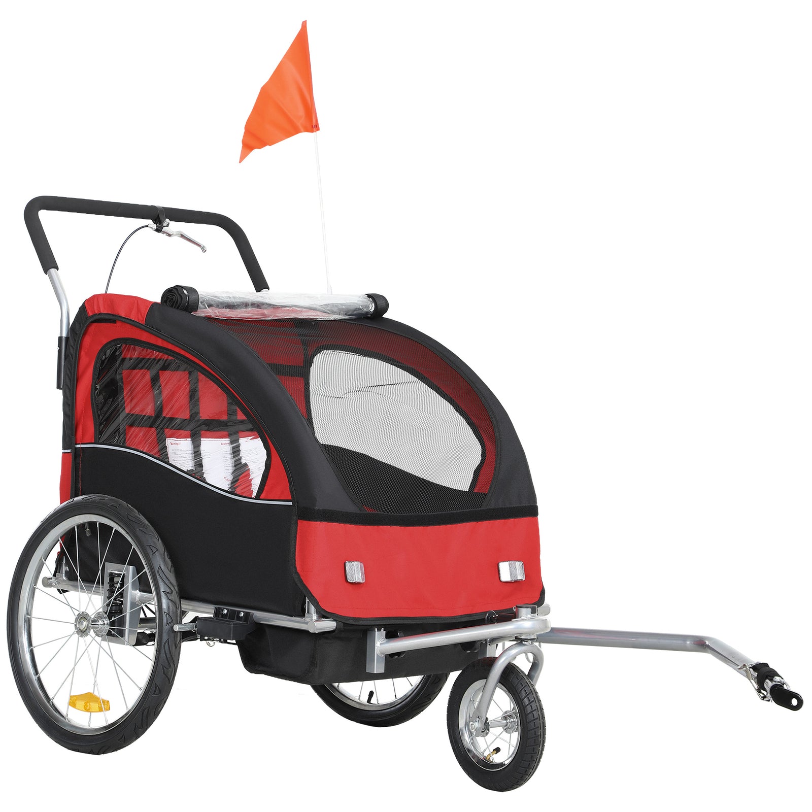 2 Seat Bike Trailer with 5 Point Harness, Baby Bike Stroller with Safety Flag, Reflectors, for 18+ Months, Red