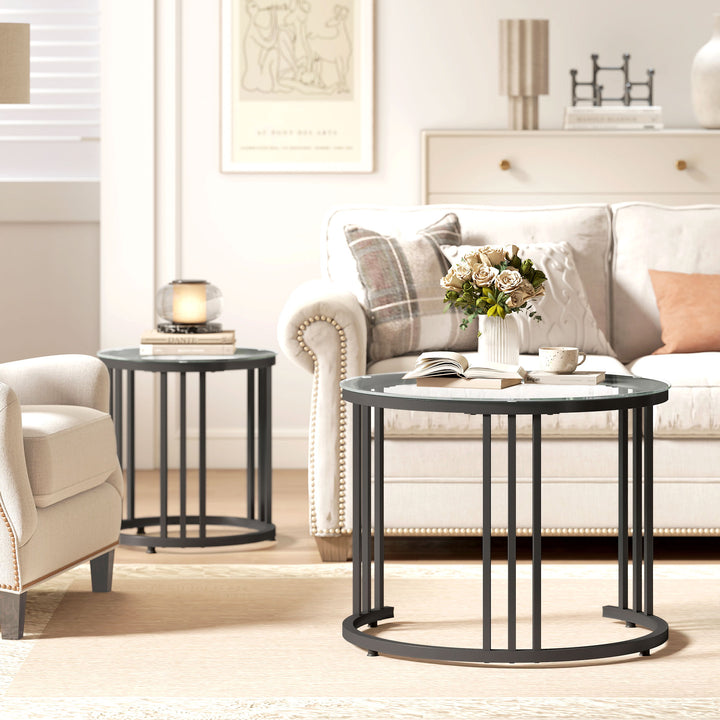 Round Coffee Tables Set of 2, Nesting Tables with Tempered Glass Top a