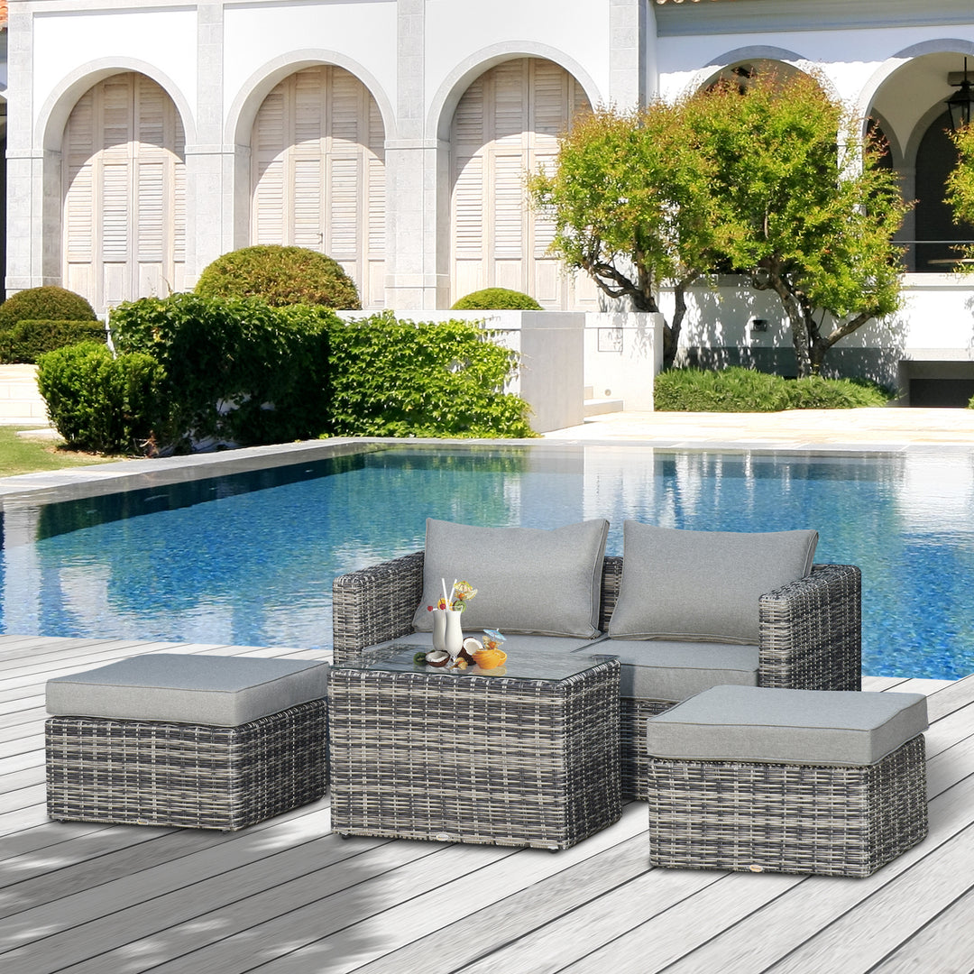 Outsunny 2 Seater Rattan Garden Furniture Set w/ Tall Glass-Top Table Aluminium Frame Balcony Sofa, Mixed Grey | Aosom UK