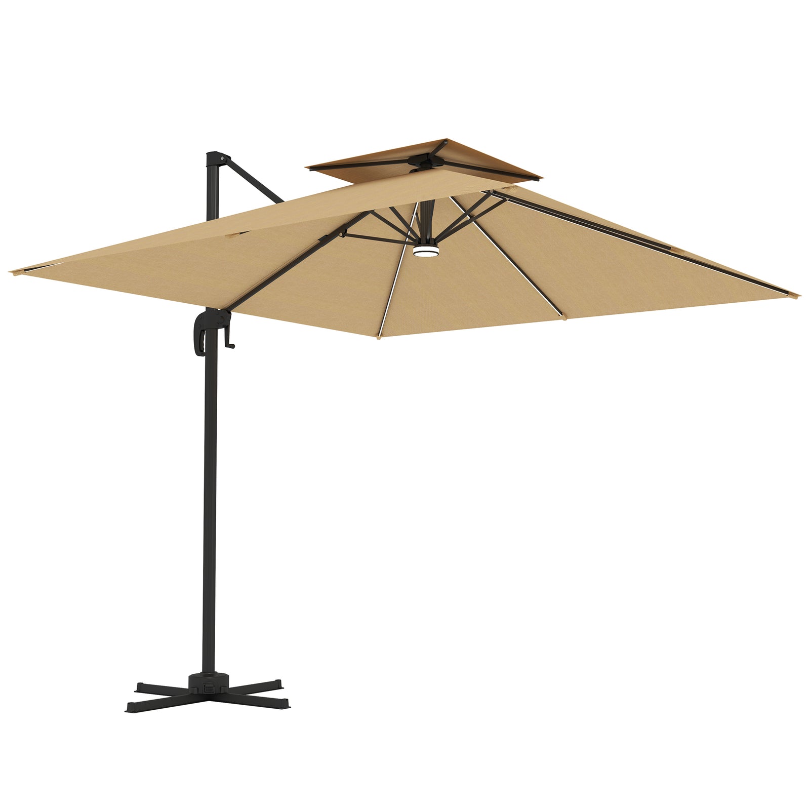 2.5m Cantilever Parasol with Solar Powered LED Lights, 360° Rotation, Tilt Adjustment, Crank Handle, Khaki