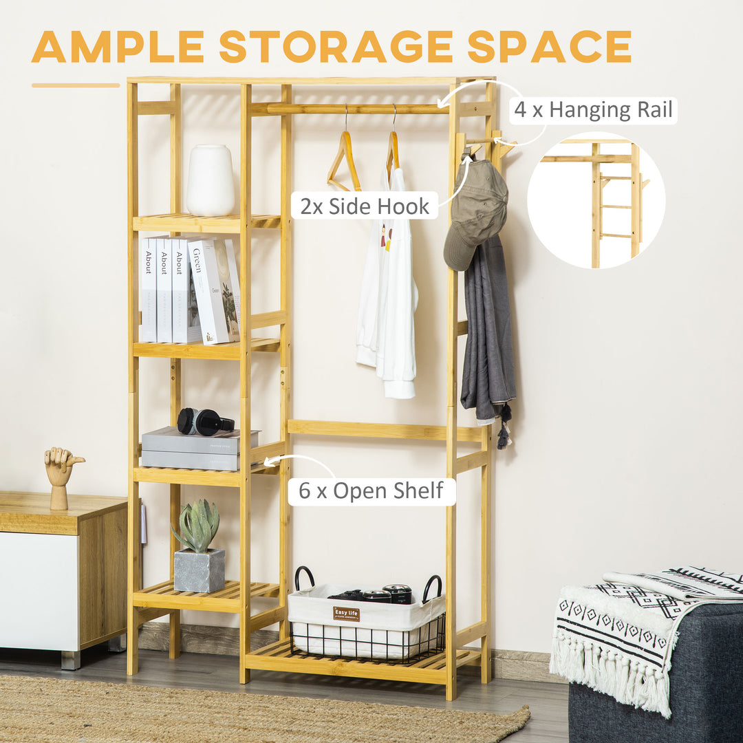 Bamboo Garment Rack, Clothes Rack with Storage Shelf, Hanging Rail and Side Hooks for Entryway, Bedroom, Bathroom and Office, Natural