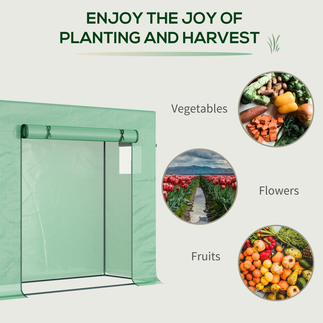 Small Walk-in Garden Greenhouse with Steel Frame, Large Roll-up Door and Windows, 200Lx76Wx168Hcm, Green
