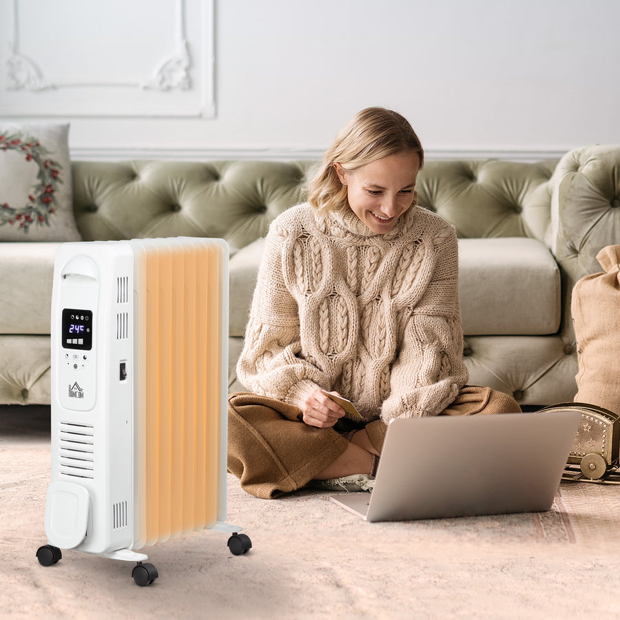 2000W Digital Oil Filled Radiator, 9 Fin, Portable Electric Heater with LED Display, Timer, 3 Heat Settings, Safety Cut-Off and Remote Control, White