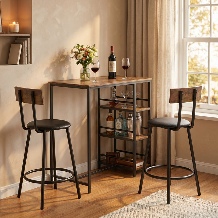 Space Saving Bar Table and PU Leather Stools for 2, 3 Piece Breakfast 