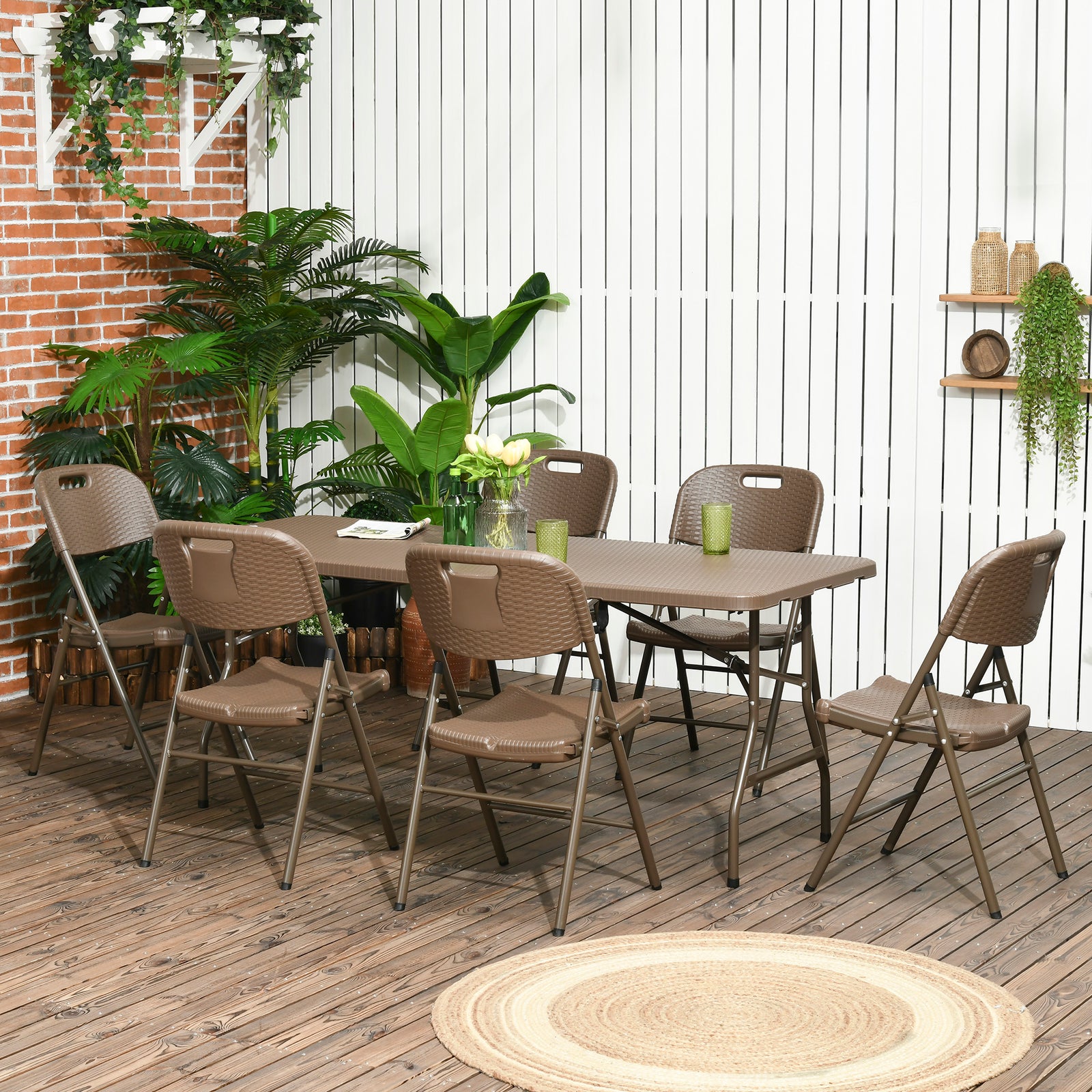 6 Seater Garden Dining Set, Rattan-Style HDPE Garden Furniture Set, Outdoor Dining Table and Chairs with 6 Armchairs and Rectangular Plastic Top Table for Patio, Balcony, Dark Brown