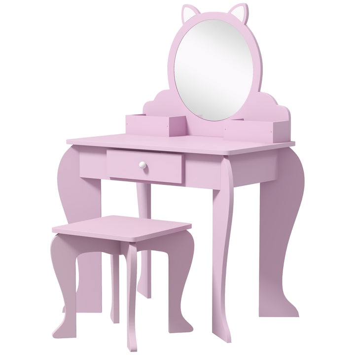 ZONEKIZ Children's Vanity Set with Mirror, Stool, Cat Theme, Drawer, Organiser Boxes for Ages 3-6, Pink | Aosom UK