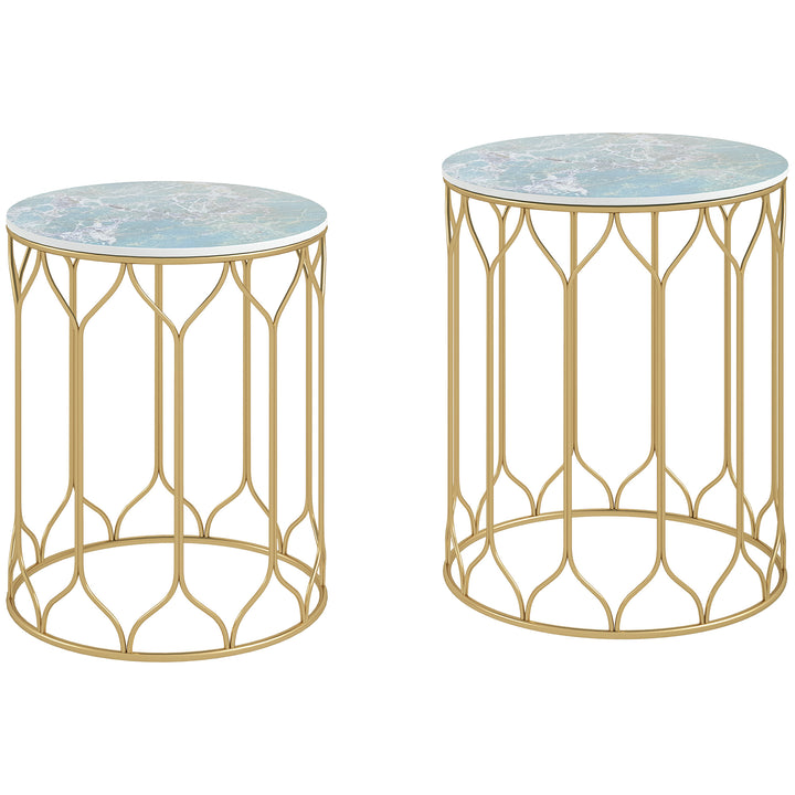Round Coffee Table Set of 2, Modern Nesting Tables with Ceramic Tile Top, Small End Tables, Indoor Outdoor Side Table with Metal Frame for Living Room, Bedroom, Patio, Balcony, Multicoloured