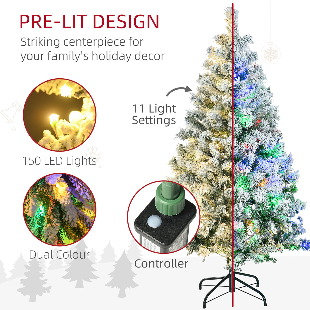 4.5' Artificial Snow Christmas Trees with Frosted Branches, Warm White or Colourful LED Lights, Steel Base