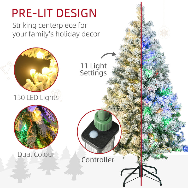 4.5' Artificial Snow Christmas Trees with Frosted Branches, Warm White or Colourful LED Lights, Steel Base