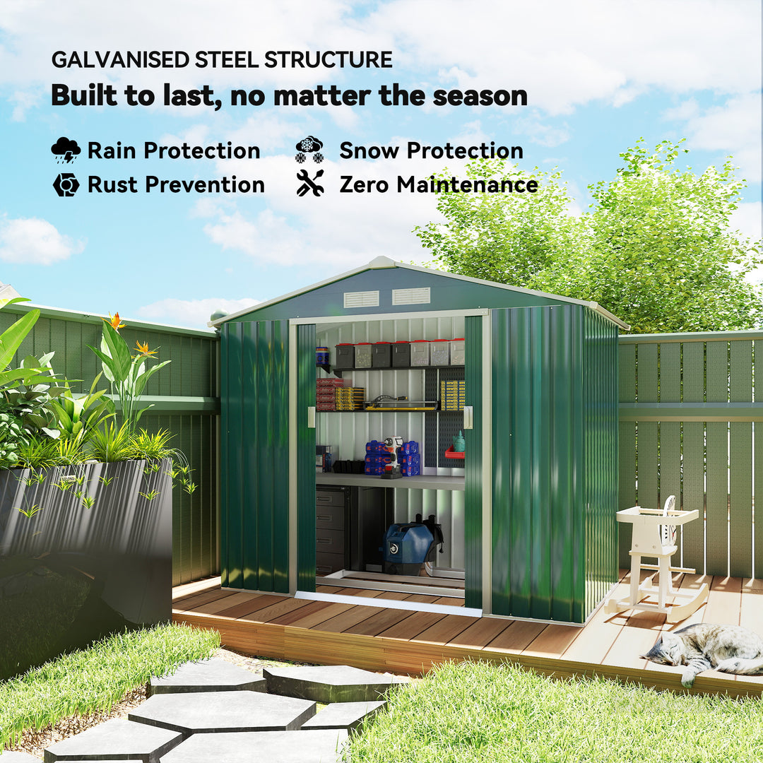 7 x 4ft Metal Garden Shed, Outdoor Storage Tool House with Ventilation Slots, Foundation Kit and Lockable Double Doors, Green