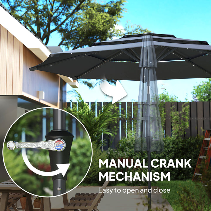 3-Tier Garden Parasol with Solar LED Lights, UPF 30+, Tilt Mechanism & Crank Handle, for Market Terrace, Dark Grey