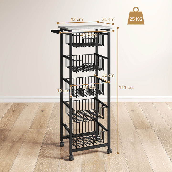 Five Basket Mobile Kitchen Island, with Brakes - Grey/Black