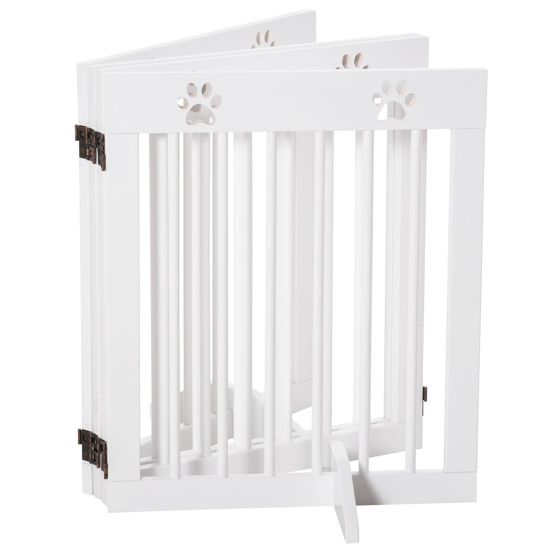 Freestanding Pet Gate 4 Panel Wooden Dog Barrier Folding Safety Fence with Support Feet up to 204cm Long 61cm Tall for Doorway Stairs White