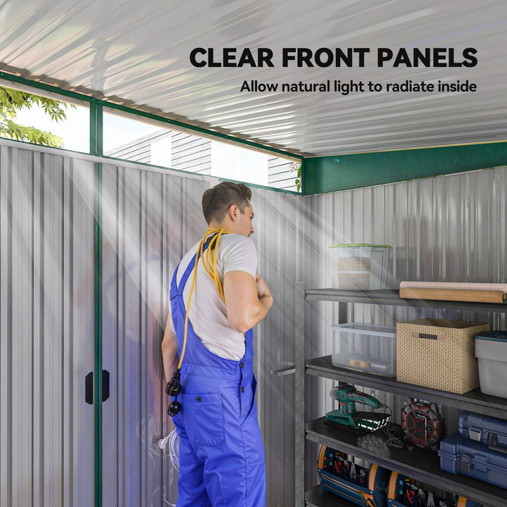 8.5 x 6ft Metal Shed with Lightsky Panels, Garden Storage Tool House with Double Doors for Garden, Patio and Lawn, Green
