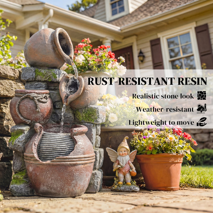 Outdoor Fountain with 4-Tier Rustic Pots &amp; Planter, Garden Fountain wi