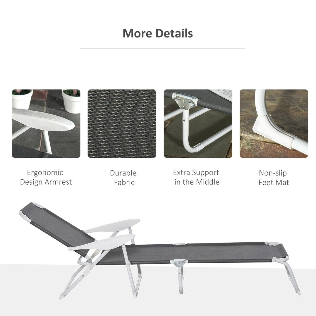 Foldable Sun Lounger, Outdoor 4 Level Adjustable Backrest Reclining Lounge Chair with Armrests for Patio, Garden, Dark Grey