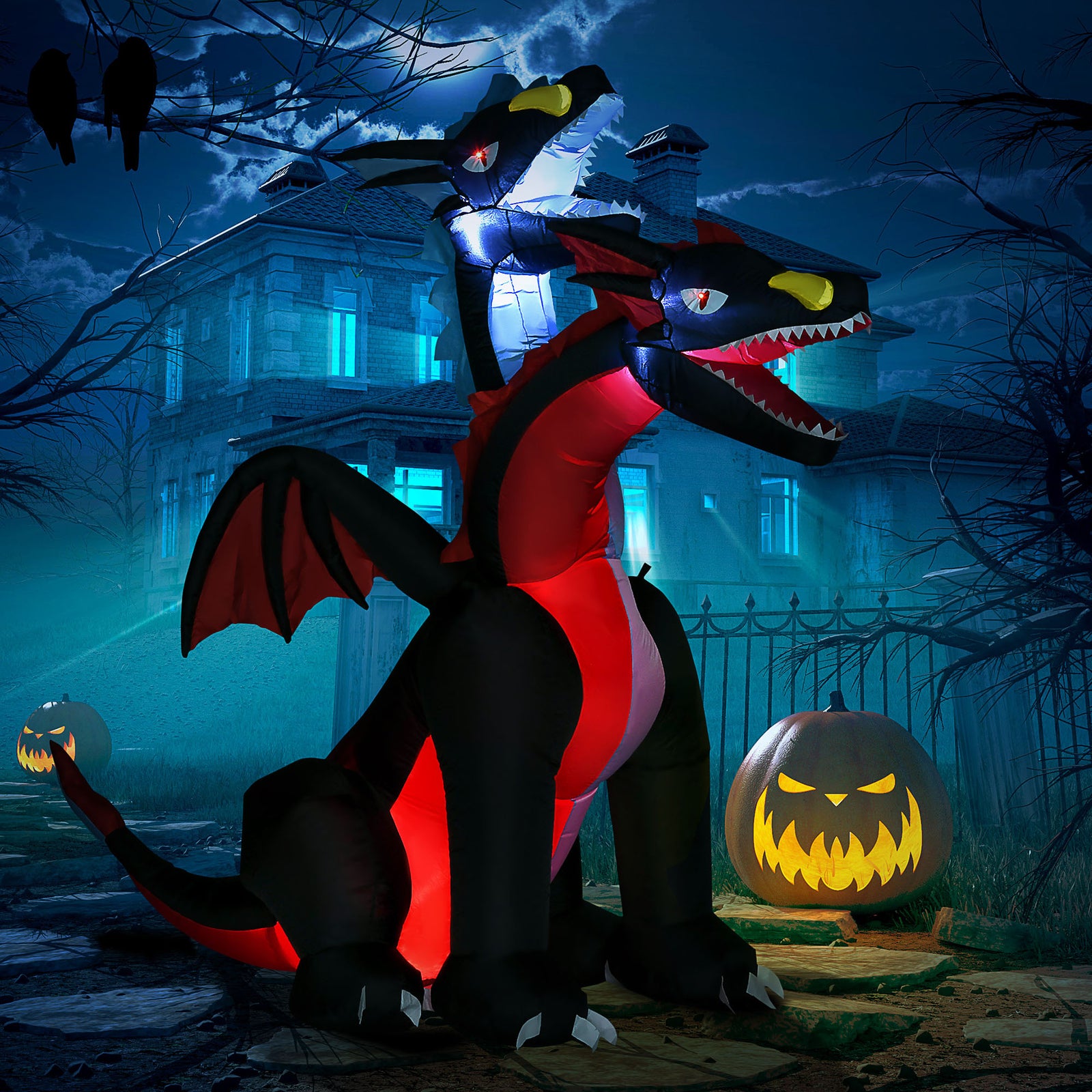 7FT Tall Halloween Inflatable Dragon with 2 Heads and LED Lights, Blow Up Halloween Party Decoration for Indoor Outdoor Yard Lawn Garden