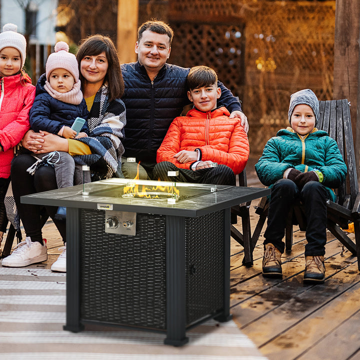 Outsunny Outdoor PE Rattan Gas Fire Pit Table, Square Patio Propane Heater with Marble Desktop, Rain Cover, Glass Windscreen, Glass Stones, Black