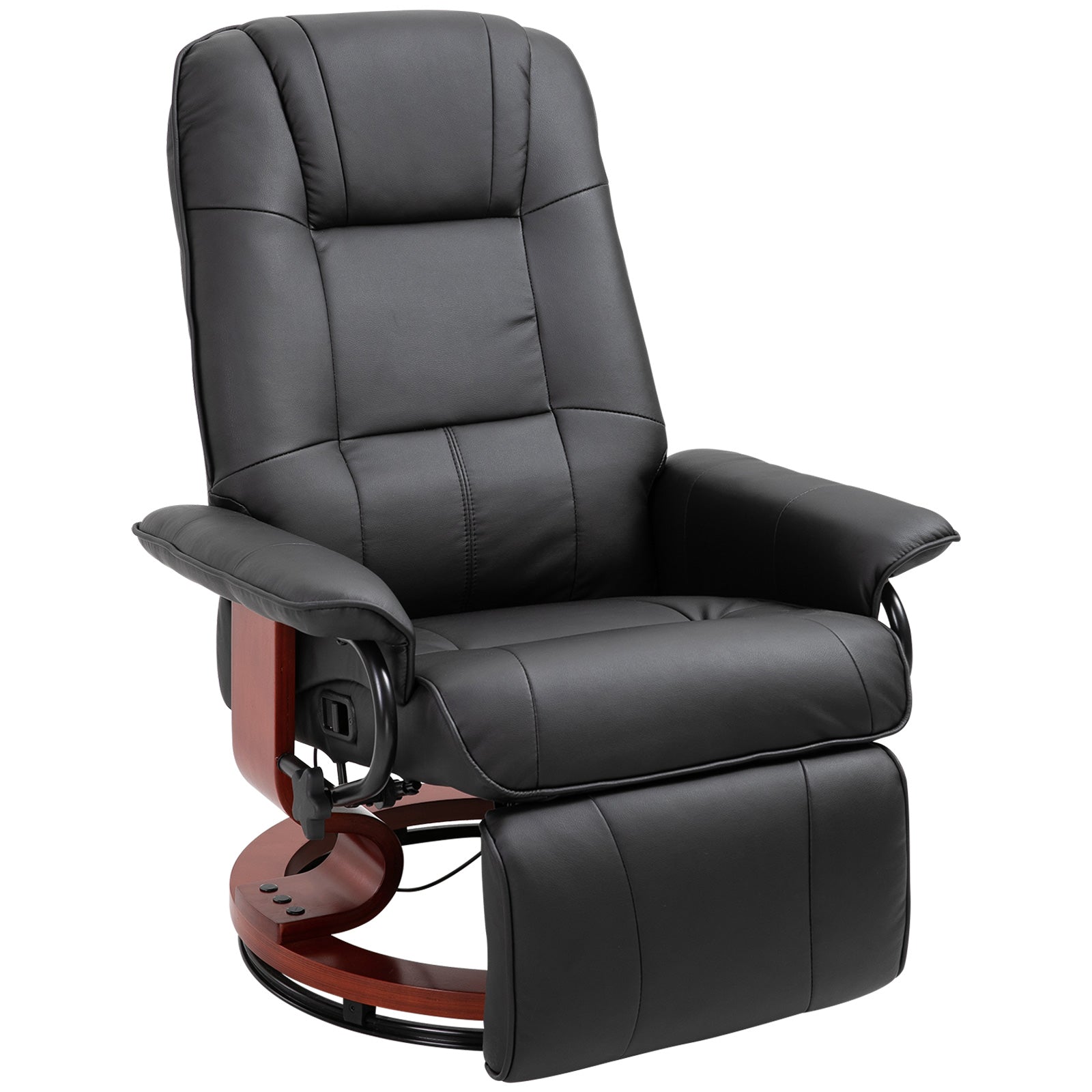 360° Swivel Recliner Chair with Footstool, Manual Recliner Armchair with Wooden Base, Faux Leather Upholstered Reclining Chair for Living Room, Bedroom, Office, Black