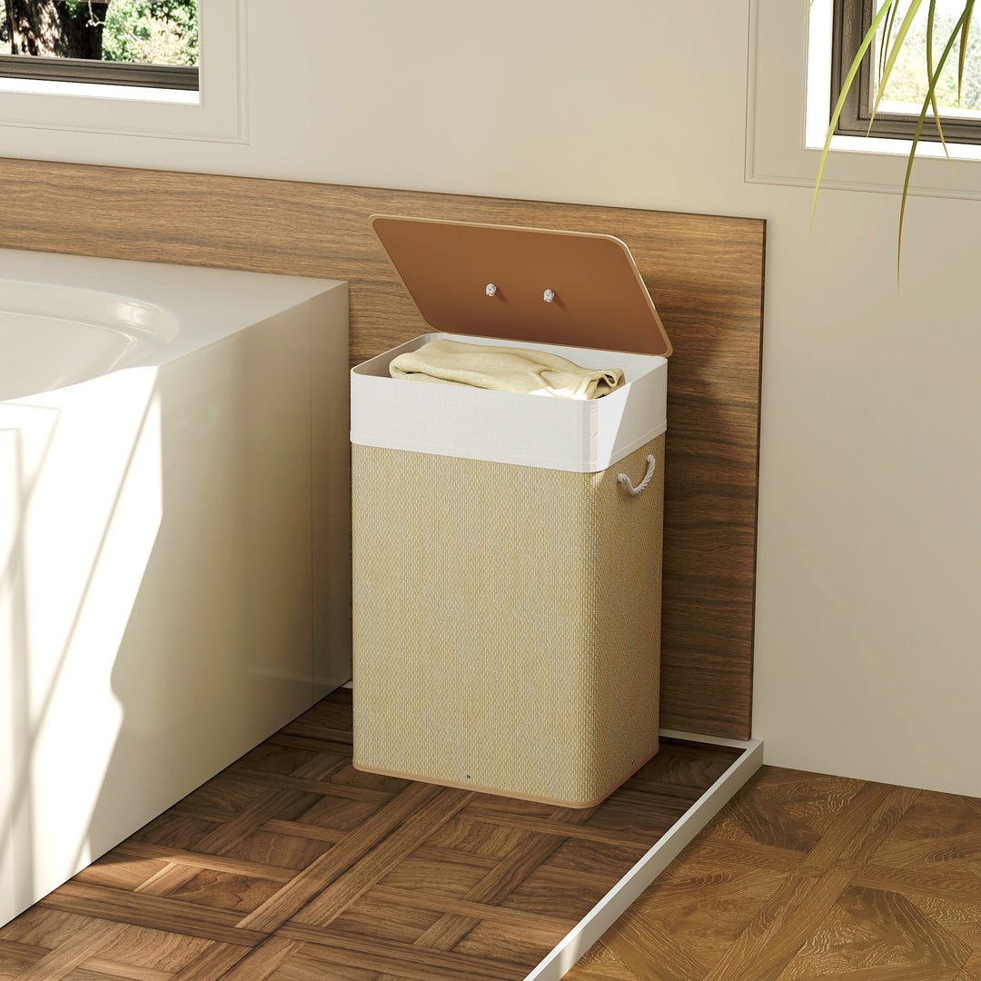 Bamboo Laundry Basket with Lid, 72L Laundry Hamper with Rope Handles, Washing Basket with Removable Washable Liner Bag for Bathroom, Bedroom, Nature Wood Finish
