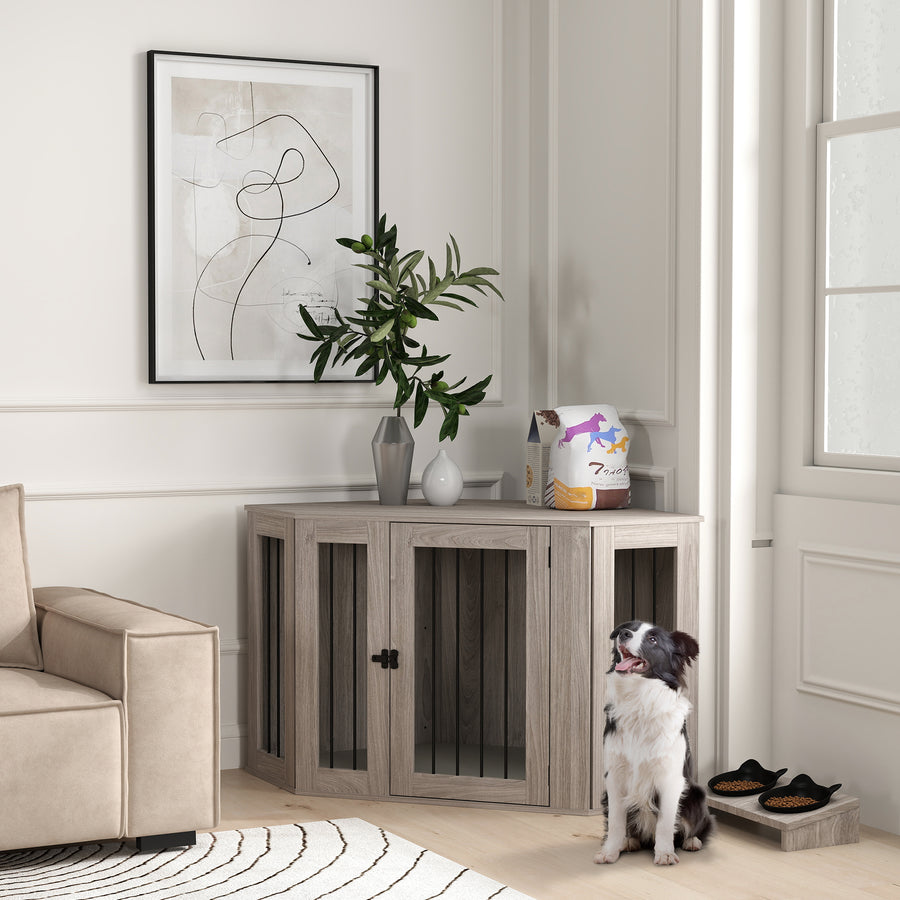 Dog Crate Furniture Side Table, with Cushion, 122 x 61 x 71cm - Walnut Brown
