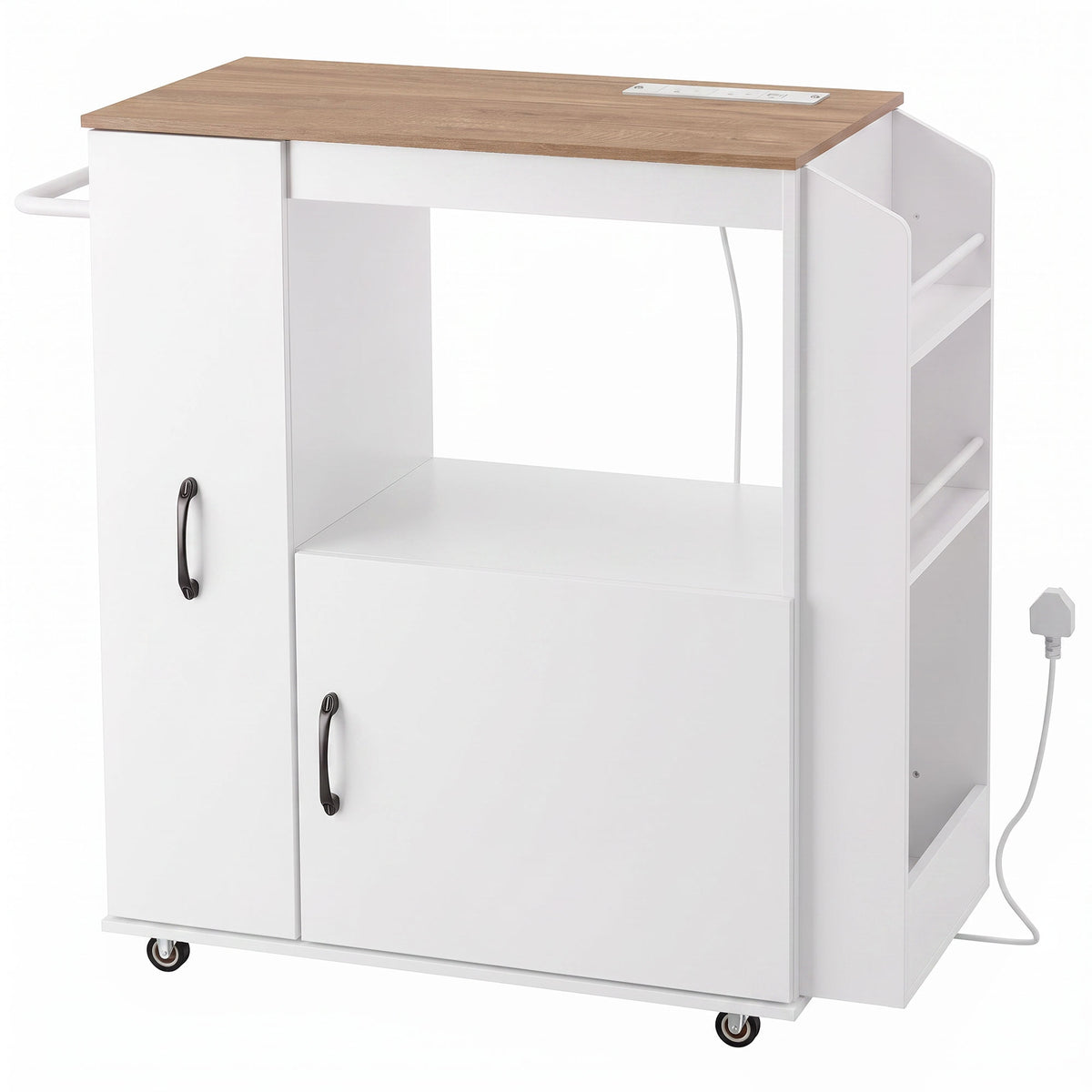 Kitchen Trolley on Wheels, Rolling Kitchen Island Cart with Power - White