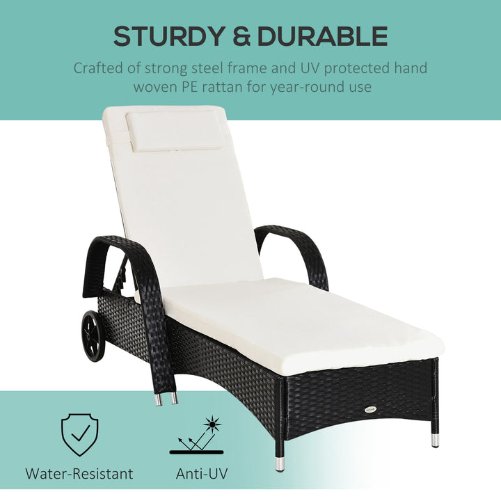 Rattan Sun Lounger, Garden Lounger Recliner with Wheels and Adjustable Backrest, Outdoor Reclining Sunbed Garden Chair with Cushion and Headrest for Patio, Beach, Terrace, Black
