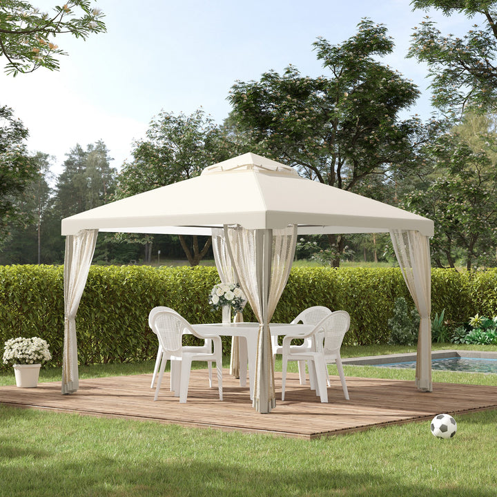 MCL 3 x 3 m Metal Gazebo, Garden Pavillion, Double Roof Outdoor Canopy Shelter with Mesh Sidewalls, Cream White
