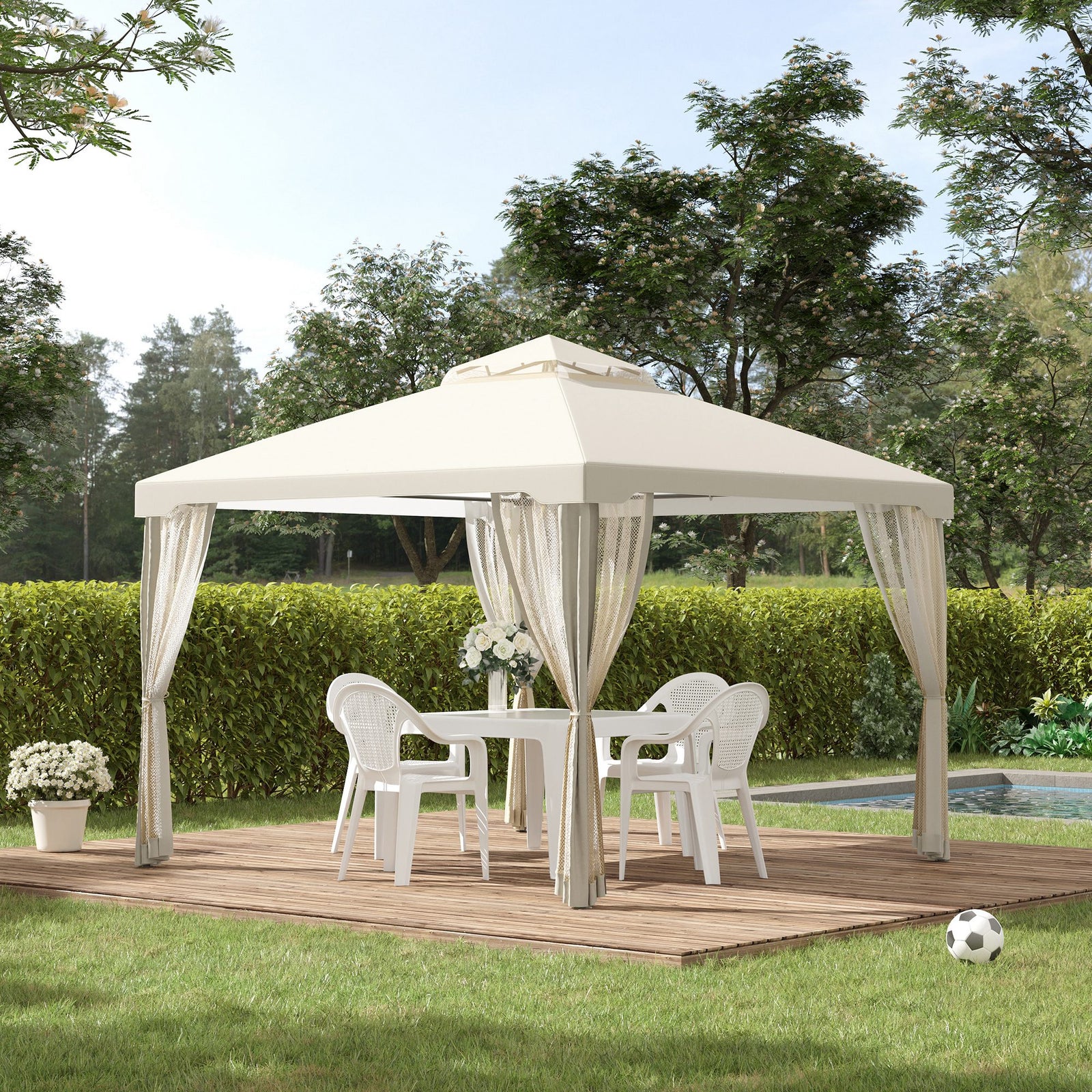 3 x 3 m Metal Gazebo, Garden Pavillion, Double Roof Outdoor Canopy Shelter with Mesh Sidewalls, Cream White