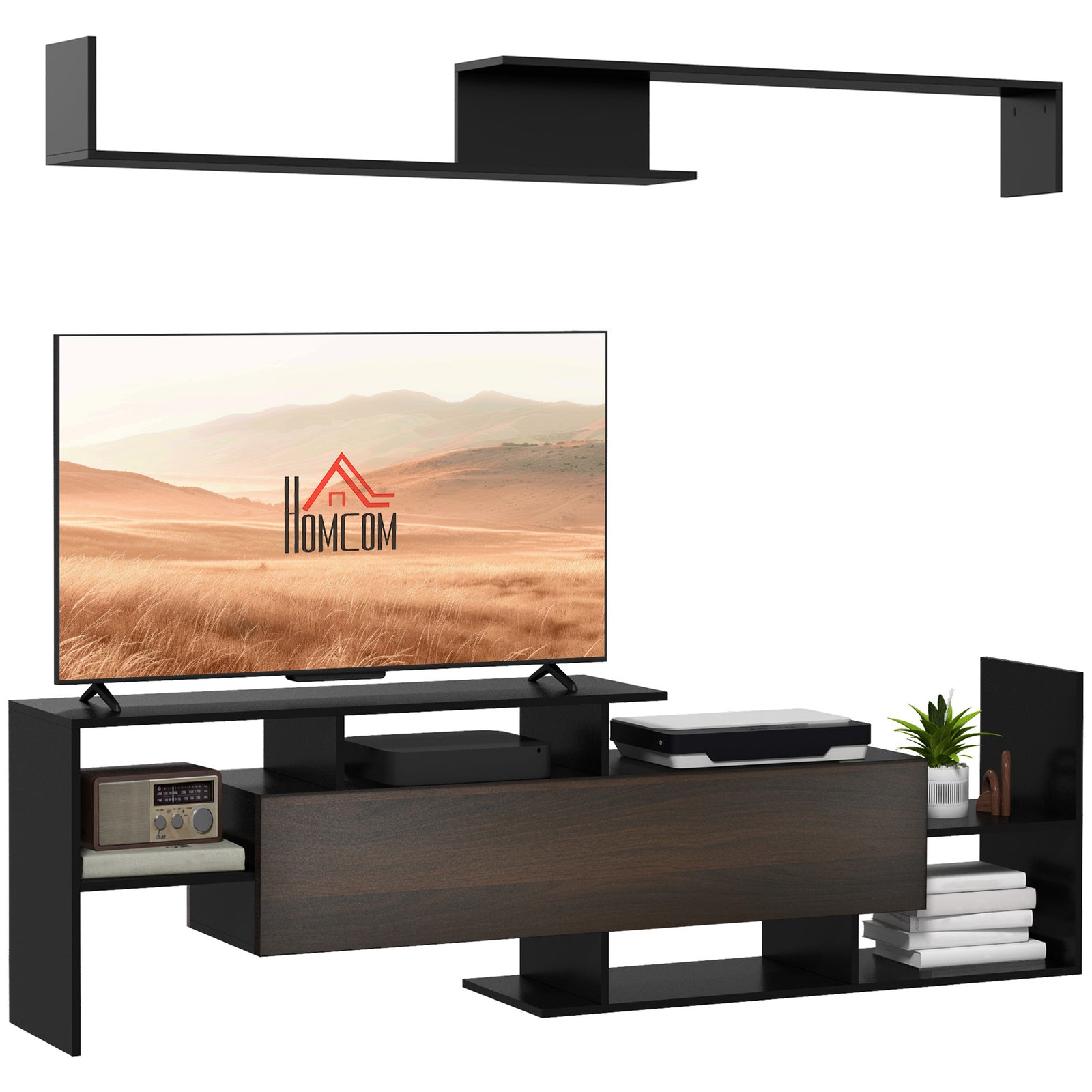 TV Cabinet with Wall Shelf for Wall-Mounted 65" TVs or Standing 40" TVs - Black and Dark Brown