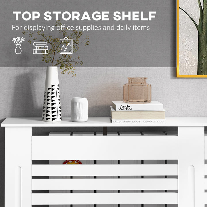 Radiator Cover, Modern MDF White Painted Cabinet with Horizontal Slats for Living Room, Bedroom, 152L x 19W x 81H cm