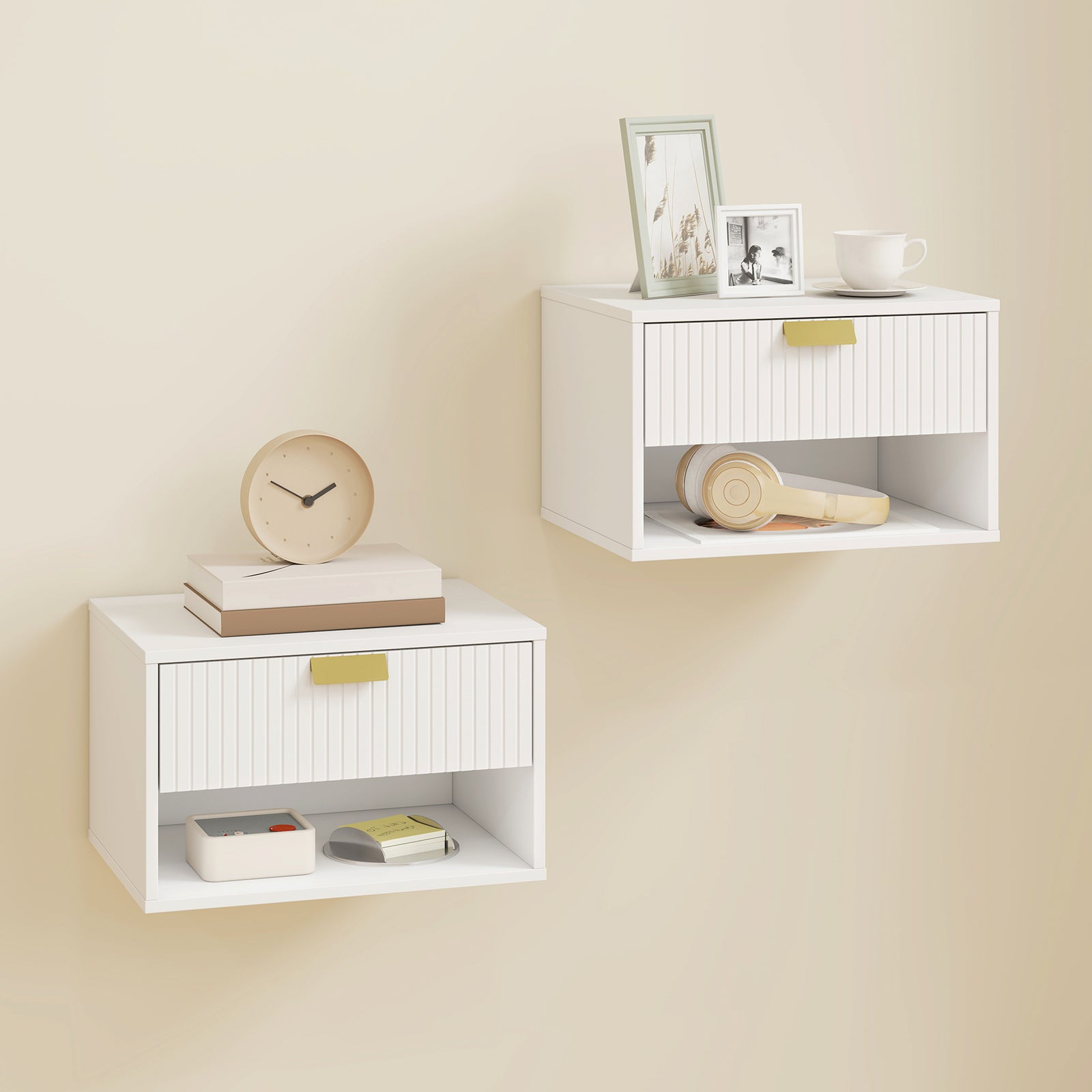 Set of 2 Wall Mounted Nightstands, Floating Bedside Tables with Fluted